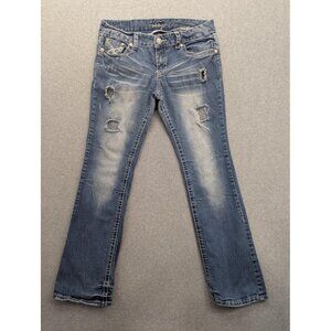 Amethyst Jeans Womens 11 Blue Distressed Ripped Bootcut Embellished Flap Pockets